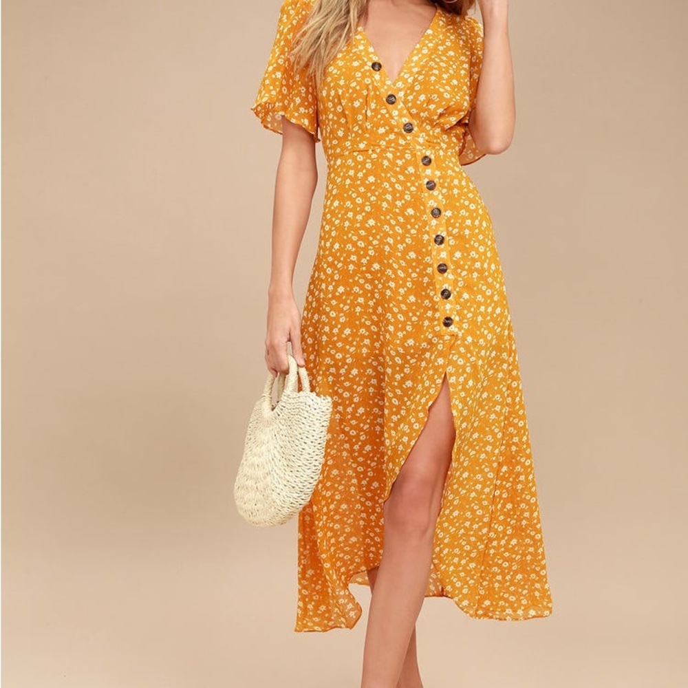 NEW After-Bloom Delight‎ Golden Yellow Floral Print Midi Dress  small
